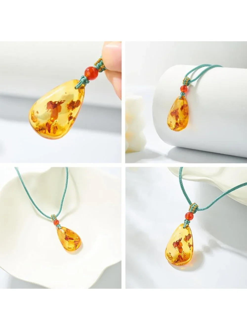 Cognac Baltic Amber Teardrop Pendant Necklace, Polished Stone, Gift Box Included